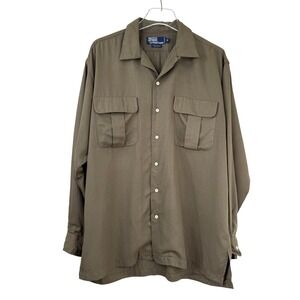 VINTGE 90s Polo Ralph Lauren LOOP COLLAR Shirt MEN M Olive Brown Rayon CAMP